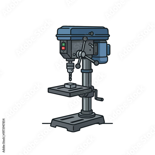 An illustration of a blue and grey drill press, a workshop power tool, with a small silver workpiece resting on its table, against a white background.