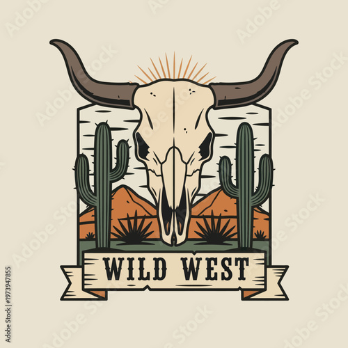 Wild West Skull and Cactus Desert Landscape Illustration.