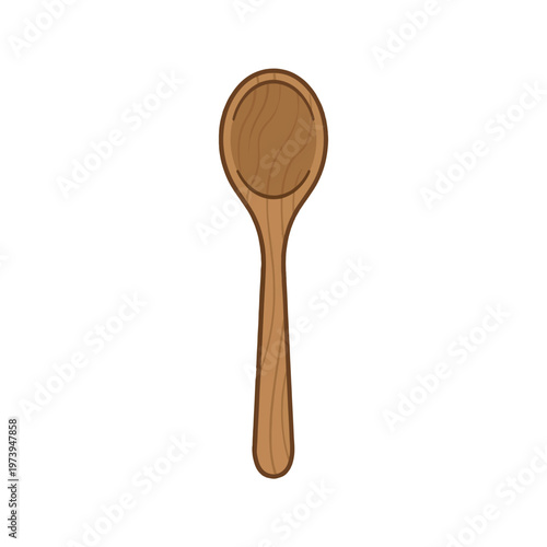 A simple, cartoon-style wooden spoon, brown with subtle wood grain texture, oriented vertically and isolated on a white background.