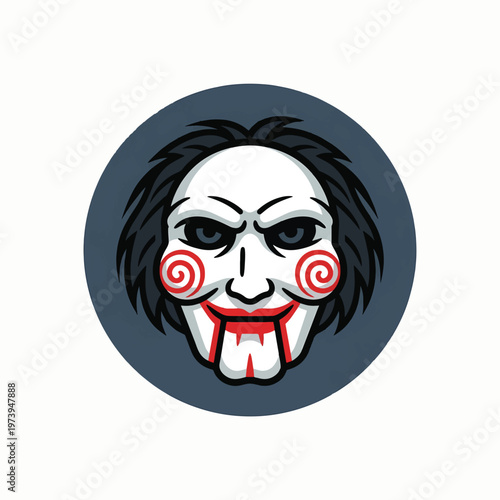 Vector illustration of Billy the Puppet from Saw, featuring a white face, black hair, red spiral cheeks, menacing eyes, and articulated red lips on a dark blue background.