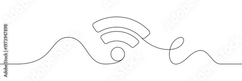 Continuous one line drawing of wifi symbol integrated into a minimalist wavy horizontal line path. Editable stroke outline. Single contour art. Doodle hand drawn vector illustration