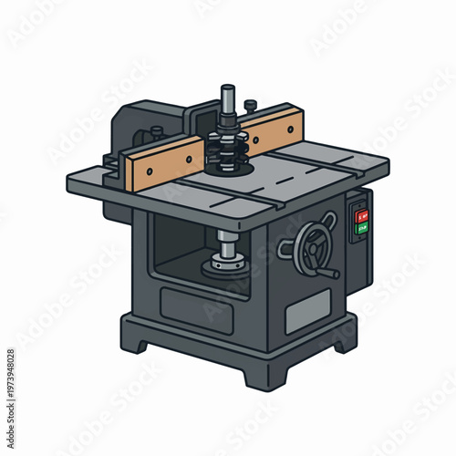 A detailed illustration of a router table with a spindle, fence, and adjustable crank.