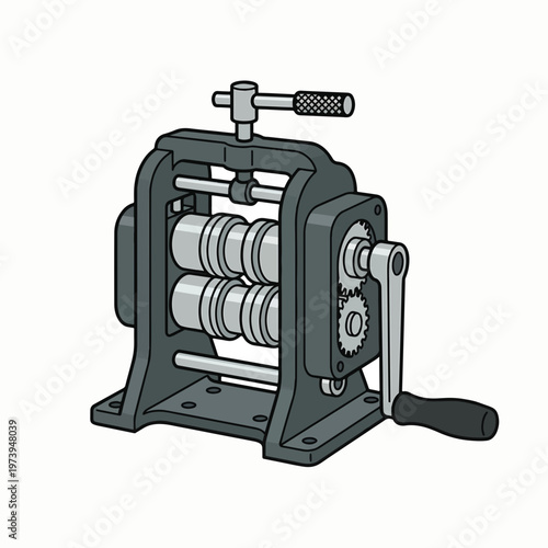 A drawing of a metal rolling mill with gears and a hand crank, used for shaping metal.
