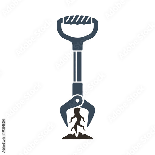 A dark grey icon shows a specialized garden tool with a handle and a two-pronged claw mechanism actively pulling brown roots from a small pile of soil, representing a weed or root removal de