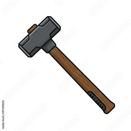 A cartoon illustration of a heavy sledgehammer with a dark gray metal head and a brown wooden handle, isolated on a white background.