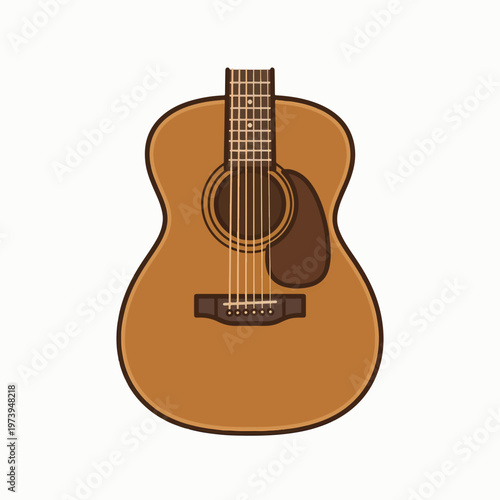 A simple, flat cartoon illustration of a light brown acoustic guitar with visible strings, a dark brown soundhole, and fretboard, set against a white background.