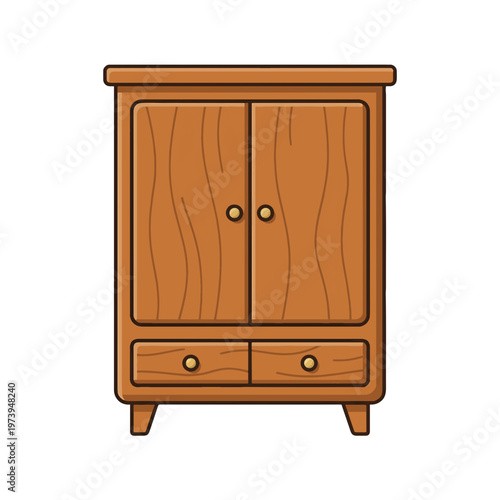 A cartoon-style wooden wardrobe or cabinet with two upper doors and two lower drawers, featuring wood grain texture and golden knobs on a white background.