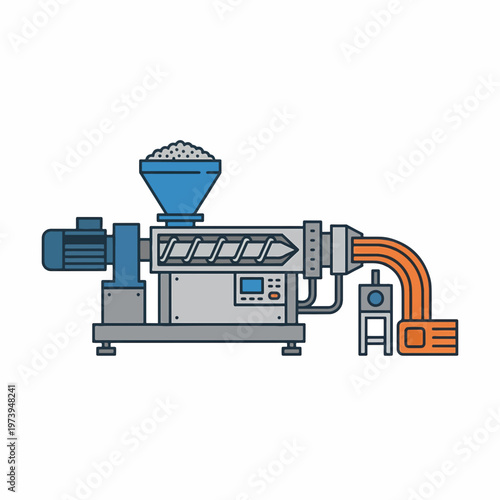 An industrial extruder machine with a hopper, screw, and output pipe.