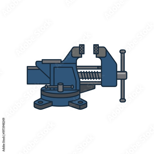 A blue bench vise with a rotating base is shown on a white background. It has serrated jaws and a metal handle for tightening.