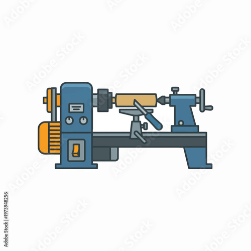 A colorful illustration of a woodturning lathe, showcasing its motor, tool rest, and spindle for shaping wood.