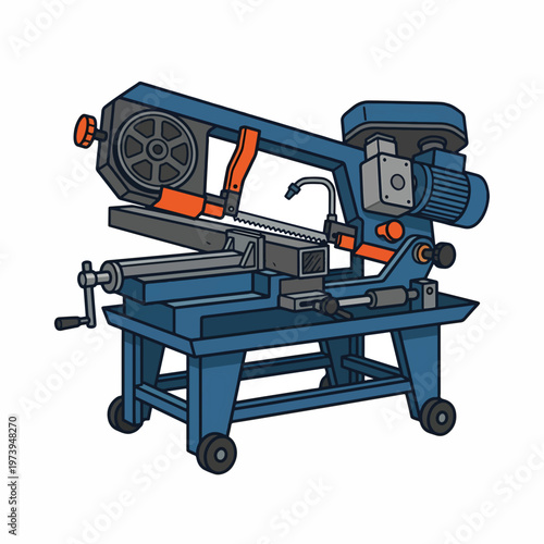 A blue and orange band saw cutting a metal bar, mounted on a wheeled stand.