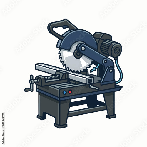 Illustrated dark blue metal chop saw or cut-off machine, showing a large abrasive blade and a vise clamping a square metal tube, on a clean white background.