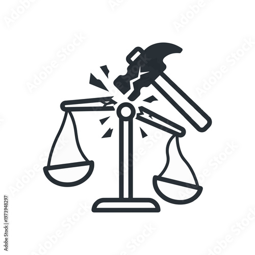 A dark silhouette icon showing a hammer smashing the central pillar of a balance scale, causing it to break and shatter, symbolizing the destruction of justice or fairness.
