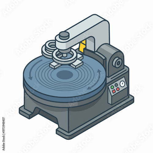 Isometric illustration of an industrial machine featuring a rotating blue platform with arrows and a mechanical arm holding a tool with concentric rings, used for manufacturing or polishing.