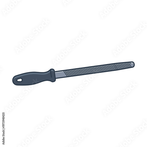 An illustration of a hand file with a dark grey handle and a textured, serrated blade, used for shaping and smoothing materials. Isolated on white.