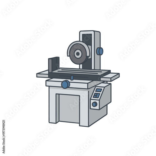 An isometric cartoon illustration of a grey surface grinding machine with a rotating wheel, a work table, and blue knobs, representing industrial manufacturing tools.