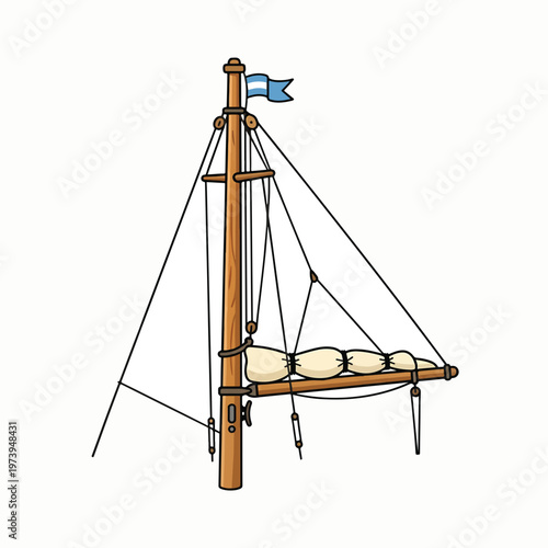 A cartoon illustration of a ship's mast with rigging, a sail, and a flag.