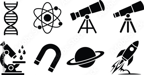 Scientific Discovery and Space Exploration Icons on White Background DNA helix atom model