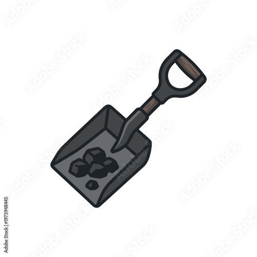 A simple cartoon illustration of a dark gray shovel holding several lumps of black coal, depicted at an angle on a white background.