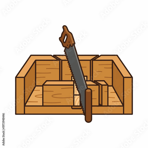 An illustration of a miter box and hand saw cutting a wooden block. Essential woodworking tools for precise angled cuts and joinery.