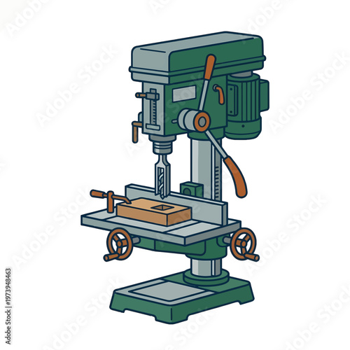 A flat vector illustration of a green drill press. It features a workpiece clamped on its table, with a drill bit poised to bore a hole. Industrial tool.