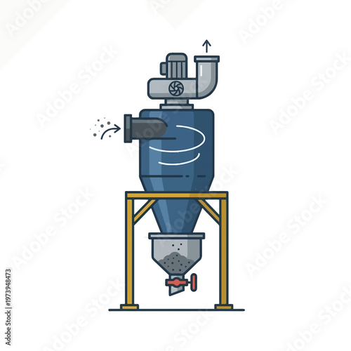 Illustration of an industrial cyclone separator or dust collector. Particles enter, swirl inside, clean air exits top, and collected dust discharges bottom.