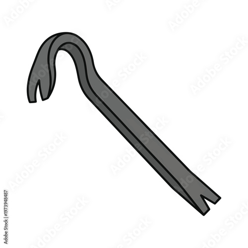 A simple, cartoon-style drawing of a grey crowbar with a black outline on a white background. It features a curved, clawed end and a flat end.