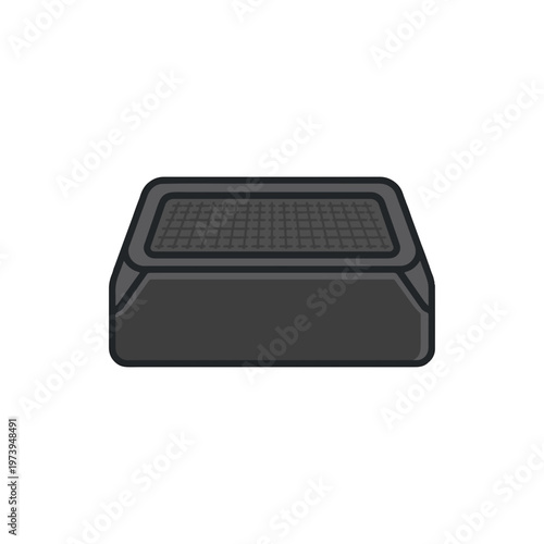 A simple illustration of a dark grey, rectangular object with rounded corners and a grid pattern on its top surface, resembling a vent, grate, or shallow tray.