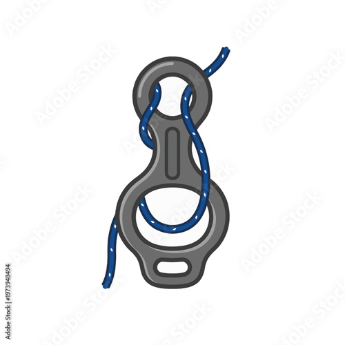 A grey figure-8 descender with a blue rope threaded through it, illustrating a rappelling or belaying setup. Clean vector drawing on a white background.