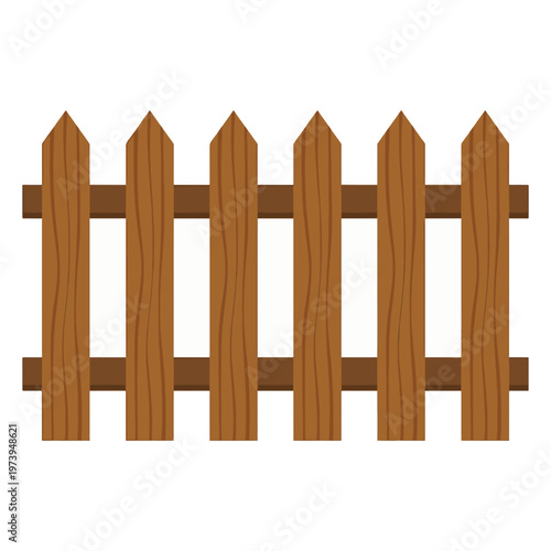 A simple illustration of a brown wooden picket fence with six vertical planks featuring pointed tops, supported by two horizontal beams. It has a flat, cartoon-like style.