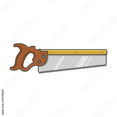 A cartoon illustration of a back saw with a brown wooden handle, a silver blade, and a yellow reinforced spine, set against a white background.