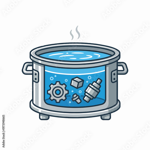 A cartoon illustration depicts various mechanical parts (gear, cube, screw) boiling in blue water inside a metal pot with steam rising, symbolizing creation or processing.