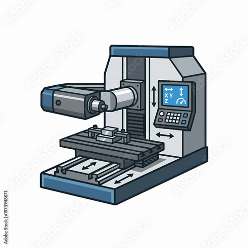 Cartoon industrial CNC milling machine illustration with a control panel, work table, cutting head, and movement axes. Isolated on white.