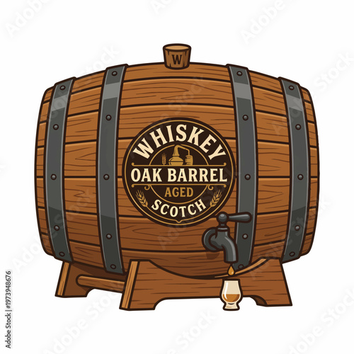 An illustration of a wooden whiskey barrel with metal bands, a spigot pouring into a glass, and a label reading WHISKEY OAK BARREL AGED SCOTCH.