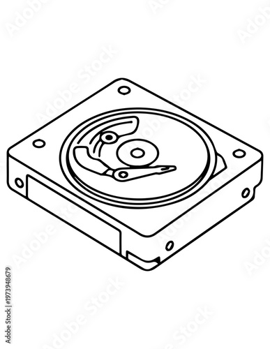 Outline illustration of an open hard disk drive with read write head line art black and white background computer technology electronic hardware mechanical component