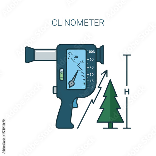An illustration of a clinometer, a device used to measure the height of trees and other objects, shown with a tree and measuring scale.