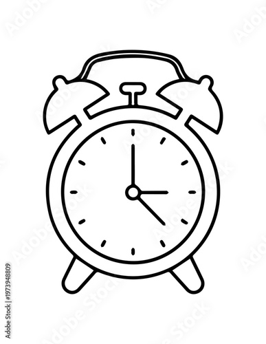 Line art of an alarm clock with two bells on top and clock hands wake up timekeeping schedule deadline appointment illustration background