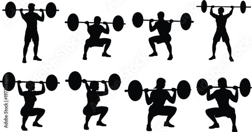 Silhouettes of men and women performing barbell squats and weightlifting exercises people woman