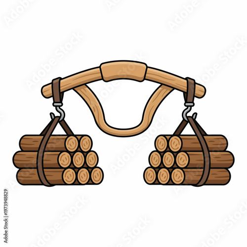 A wooden yoke carries bundles of logs, suggesting manual labor and transport in historical or rural settings.
