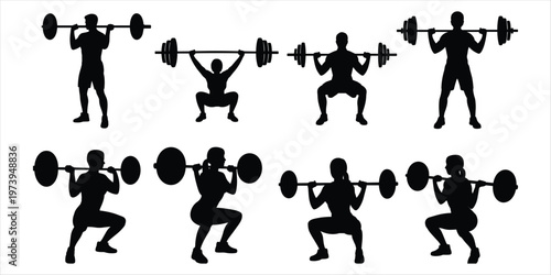 Silhouettes of men and women performing barbell squats and weightlifting exercises people woman