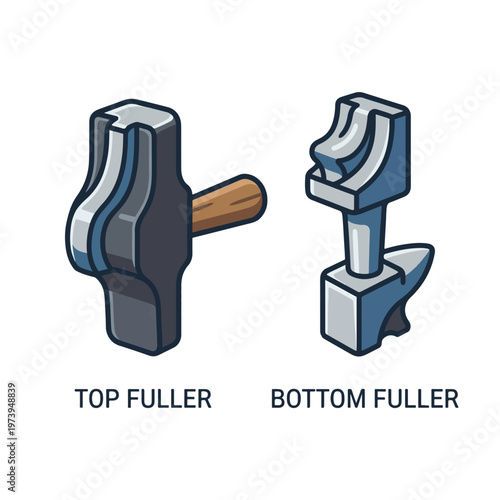 Two blacksmithing tools, a top fuller and a bottom fuller, are shown side-by-side against a white background.