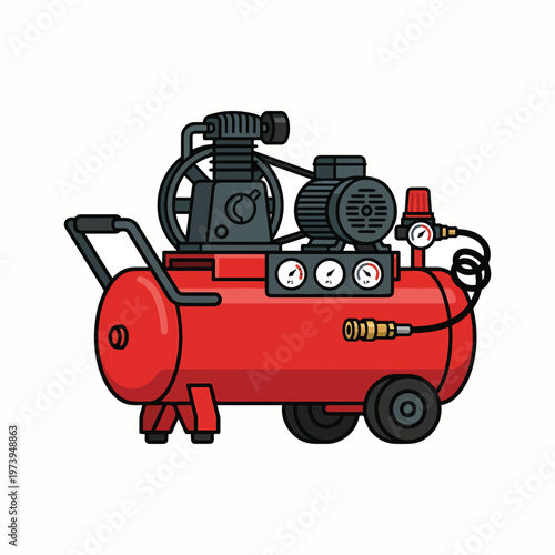 A cartoon-style illustration of a red air compressor with a black motor, silver gauges, and black wheels.