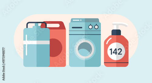 A minimalist flat vector illustration showcasing a front-loading washing machine surrounded by various laundry and cleaning supplies.