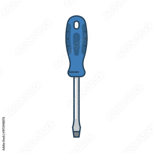 A blue flat-head screwdriver on a white background. The tool has a blue, ergonomic handle and a silver metal shaft with a flat, square tip.