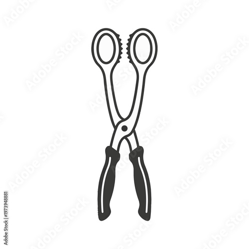 A line drawing of silver serving tongs with black grips on a white background. The tongs are open, with the gripping ends featuring serrated edges.