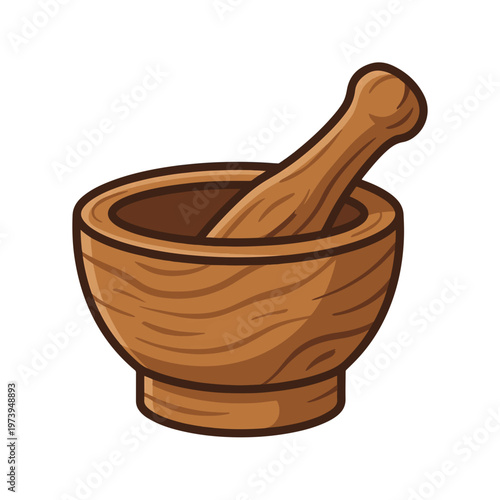 Cartoon mortar and pestle, made of wood. Used for grinding herbs and spices in kitchens and for medicinal purposes.