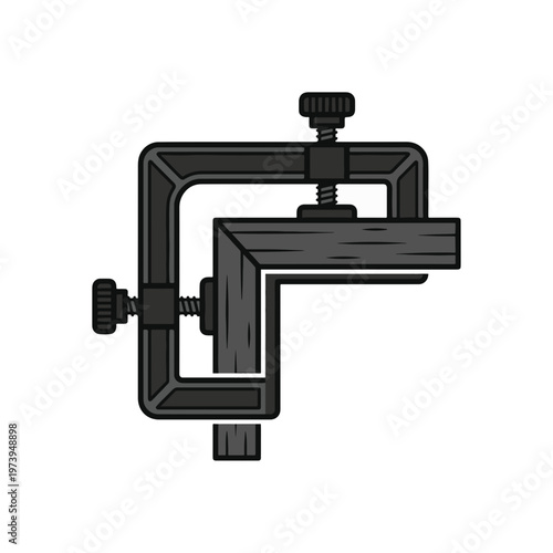 A right-angle clamp grips two wooden pieces at a 90-degree angle, secured by screw mechanisms for woodworking or framing.