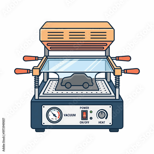 A vacuum forming machine with a car mold is heated and molded under vacuum pressure.
