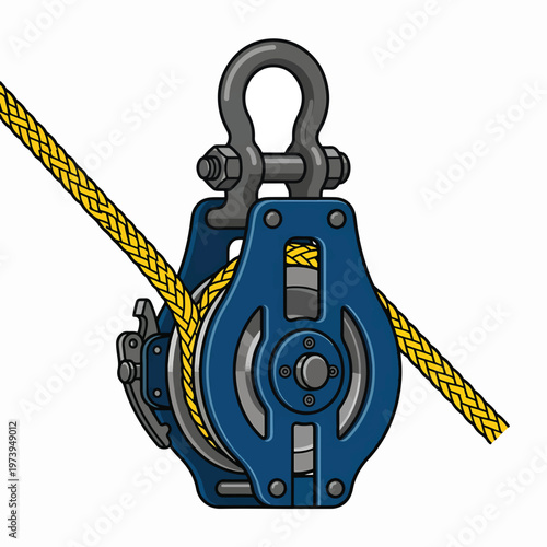 A blue pulley with a yellow rope threaded through it and attached to a metal shackle at the top.