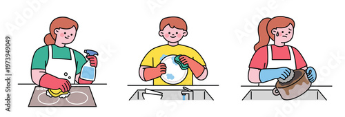 Kitchen cleaning, induction cleaner, dishwashing. Cute character with a round face. Upper body illustration.